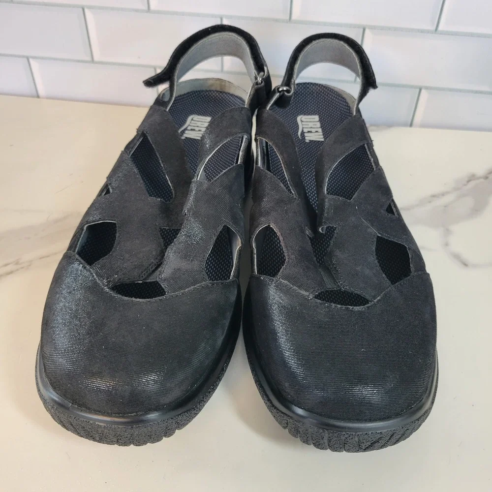 Drew Smiles Size 9 WW Womens Black Slingback Sandal Closed Toe Hook & Loop